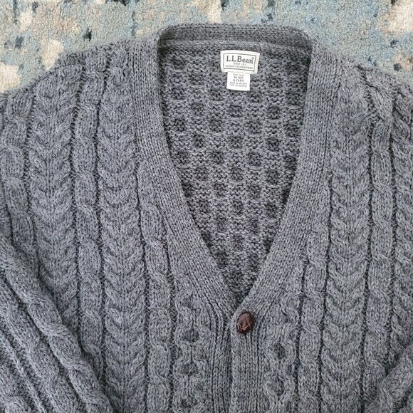 LL Bean Irish Fisherman Knit Leather Cardigan Sweater 100% Wool Sz  XL Like New! - Picture 5 of 8
